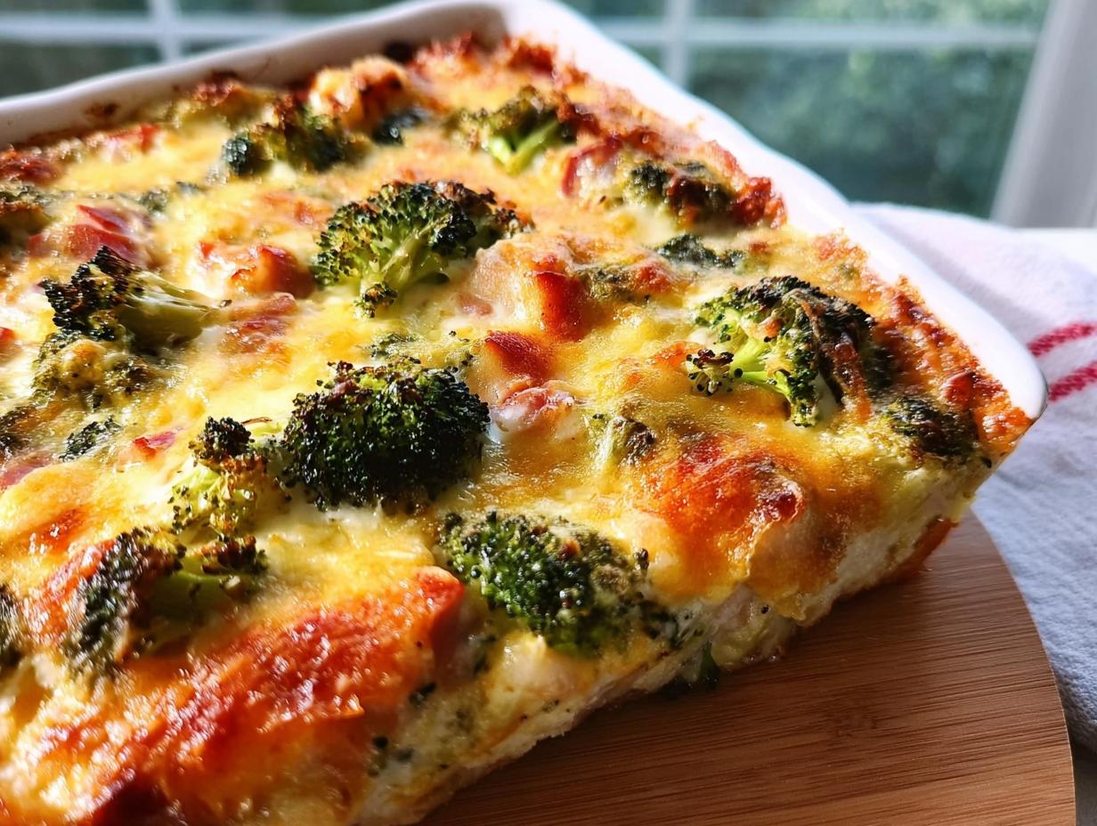 Nahaufnahme eines goldbraun gebackenen Brokkoli-Schinken-Gratin mit geschmolzenem Käse in einer weißen Auflaufform.