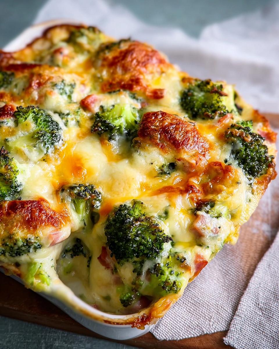Nahaufnahme eines frisch gebackenen Brokkoli-Schinken-Gratin mit goldbraun überbackenem Käse.