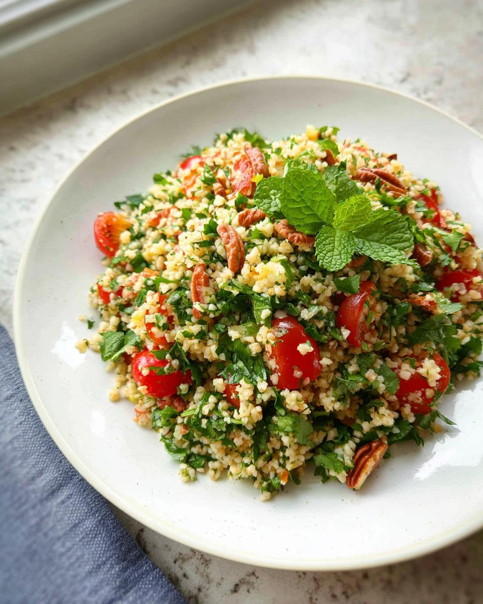 Nahaufnahme eines Bulgur-Salat mit Kräutern & Zitrone, garniert mit Pekannüssen und Minze.