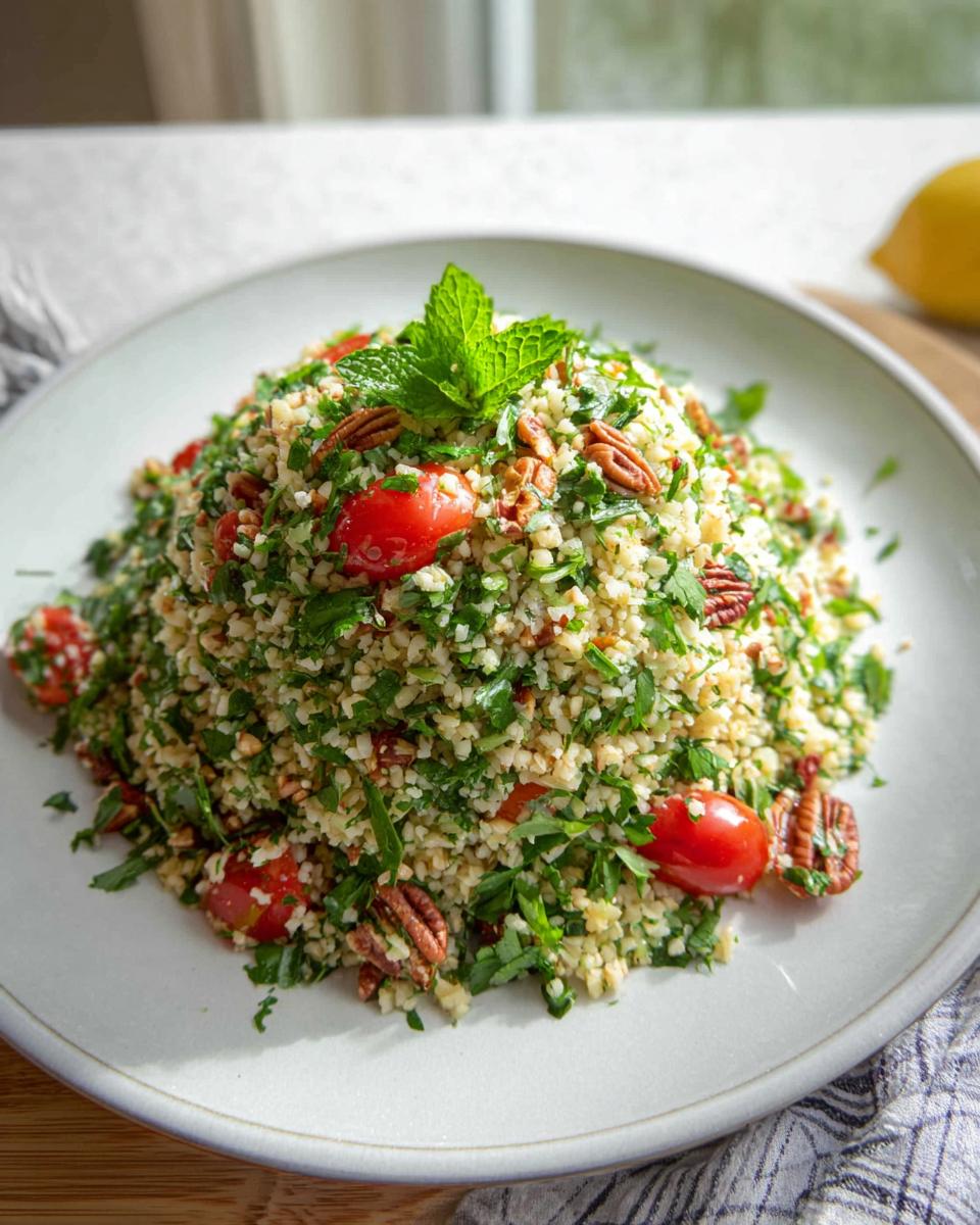 Ein großer Haufen Bulgur-Salat mit Kräutern & Zitrone, garniert mit Kirschtomaten, Pekannüssen und Minze.
