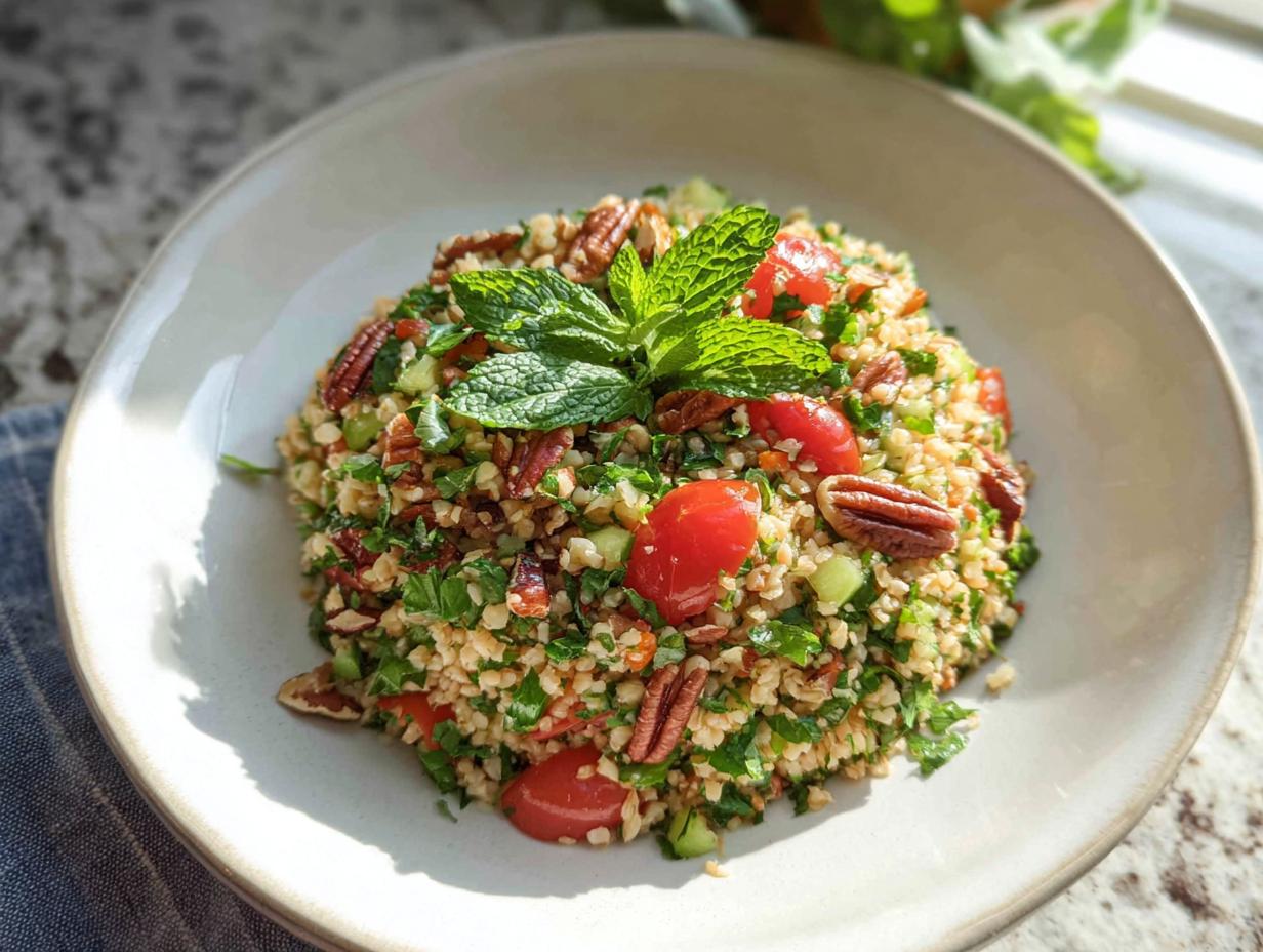 Nahaufnahme eines Bulgur-Salat mit Kräutern & Zitrone, garniert mit Pekannüssen und Minze.