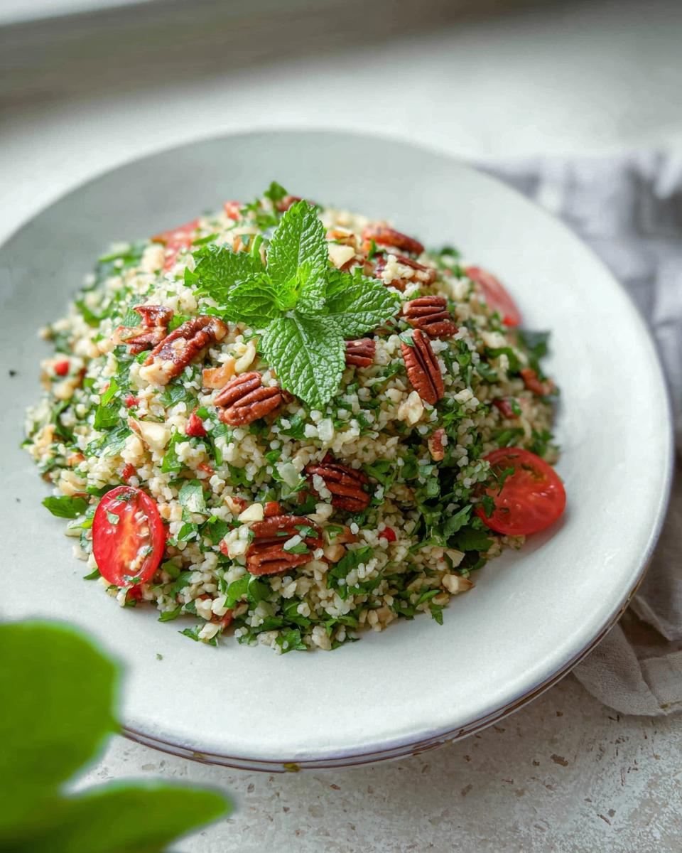 Ein appetitlicher Bulgur-Salat mit Kräutern & Zitrone, garniert mit Pekannüssen und Minze.