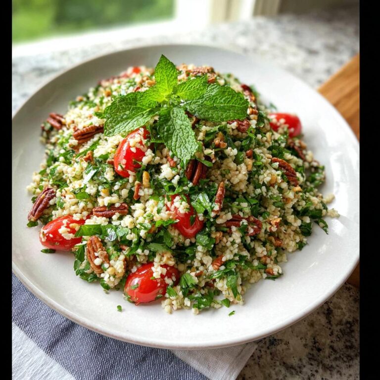 Teller mit Bulgur-Salat mit Kräutern & Zitrone, garniert mit Pekannüssen und Minze.