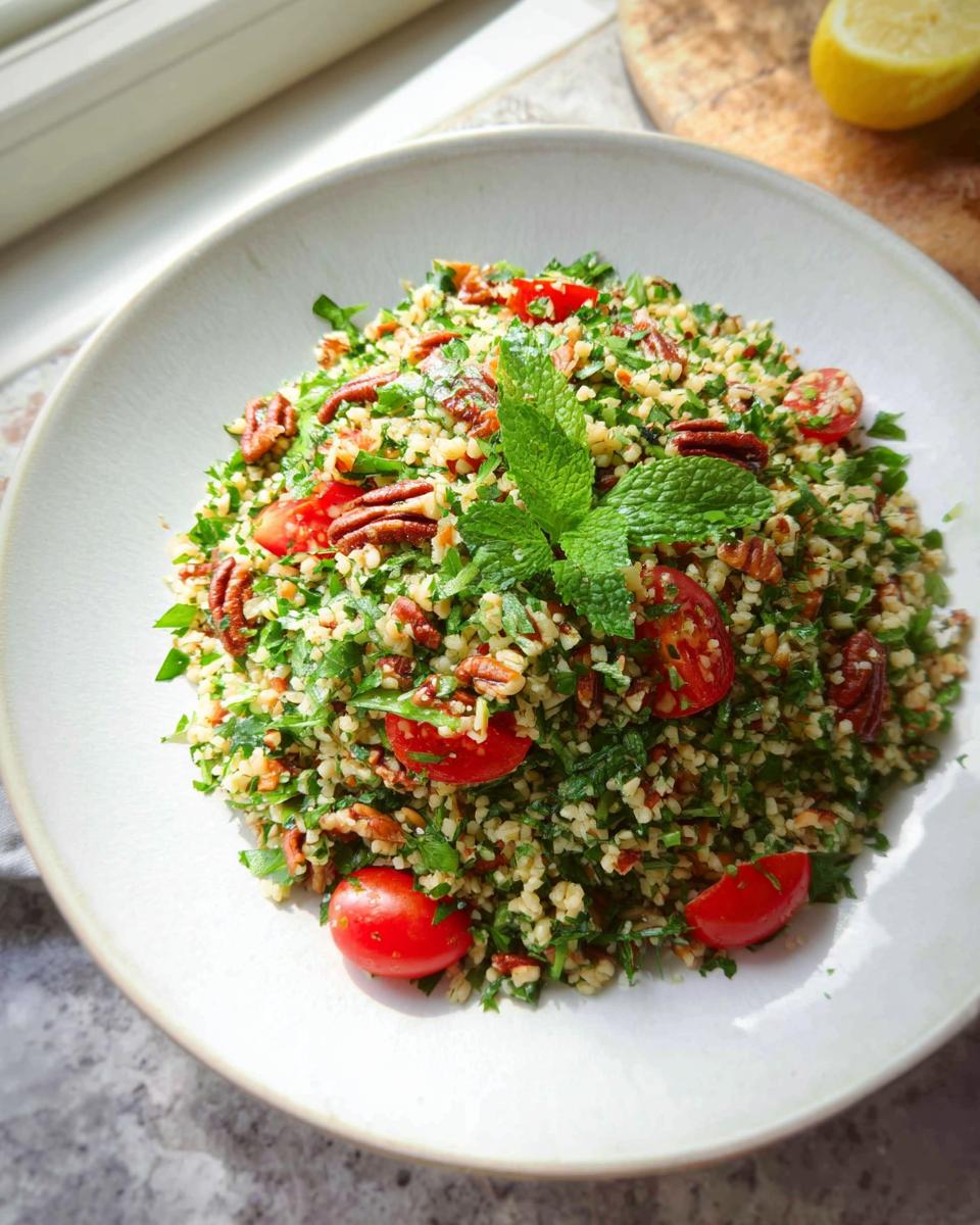 Nahaufnahme eines Bulgur-Salat mit Kräutern & Zitrone, garniert mit Pekannüssen und Minze.
