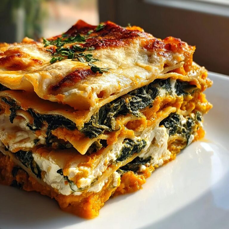 Ein appetitlicher Anschnitt der Bunte Gemüse-Lasagne mit Ricotta & Spinat mit goldbraun gebackener Käsekruste.