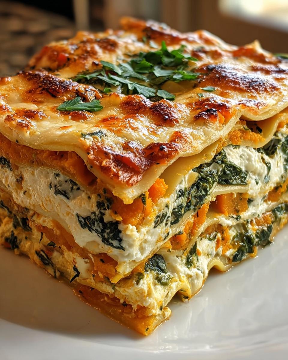 Nahaufnahme eines Stücks Bunte Gemüse-Lasagne mit Ricotta & Spinat, geschichtet mit Kürbis und cremiger Füllung.