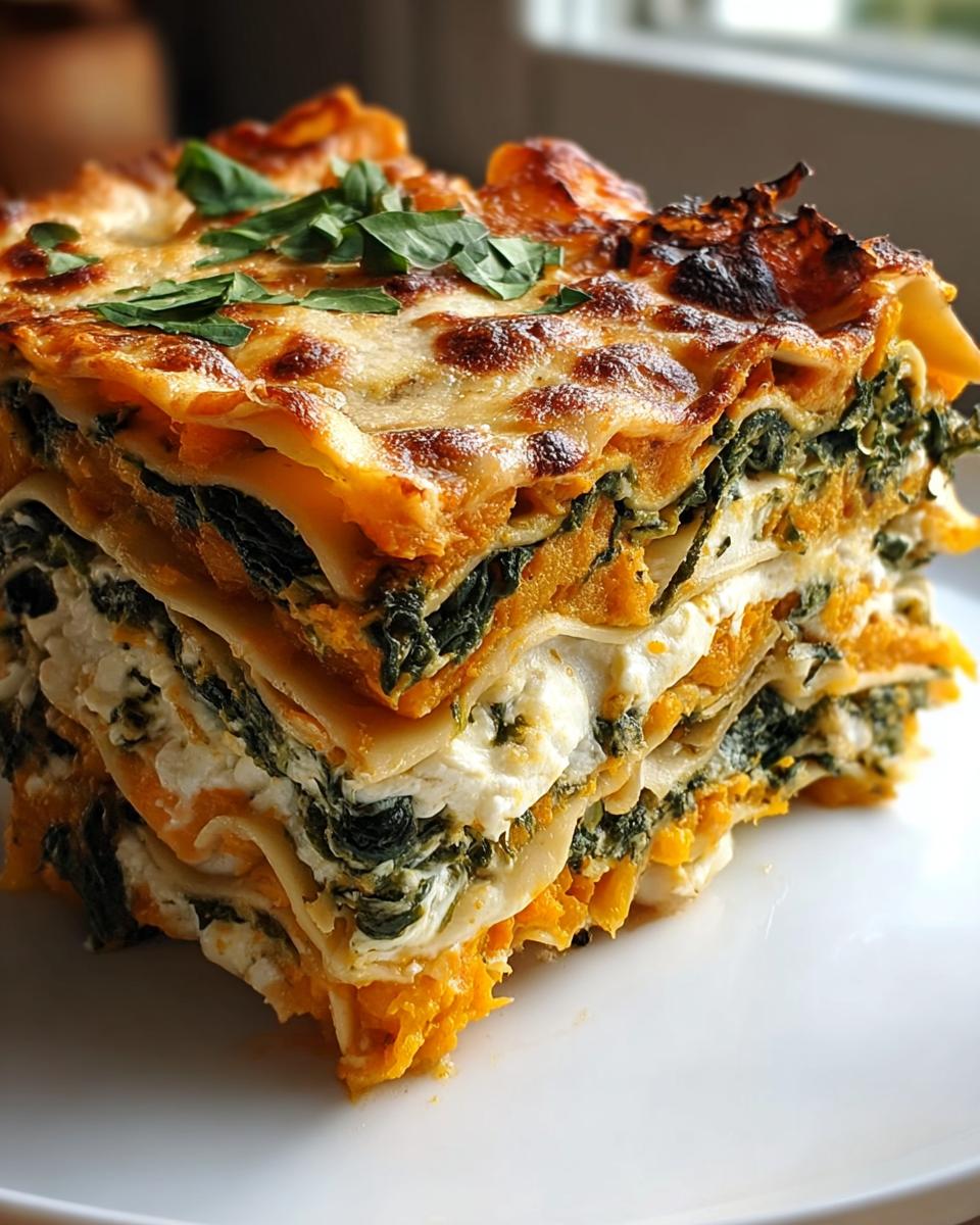 Ein hoher, goldbraun gebackener Anschnitt der Bunten Gemüse-Lasagne mit Ricotta & Spinat auf einem weißen Teller.