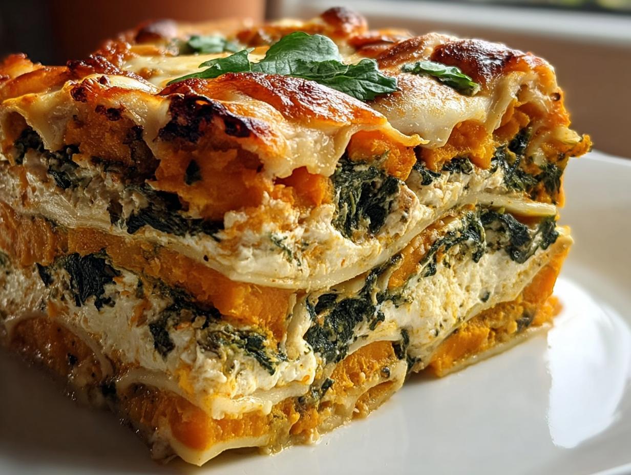 Nahaufnahme eines Stücks Bunte Gemüse-Lasagne mit Ricotta & Spinat, geschichtet mit Kürbis und cremiger Füllung.
