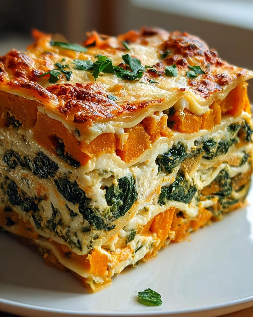 Nahaufnahme eines Stücks Bunte Gemüse-Lasagne mit Ricotta & Spinat, geschichtet mit Kürbis und Spinat.