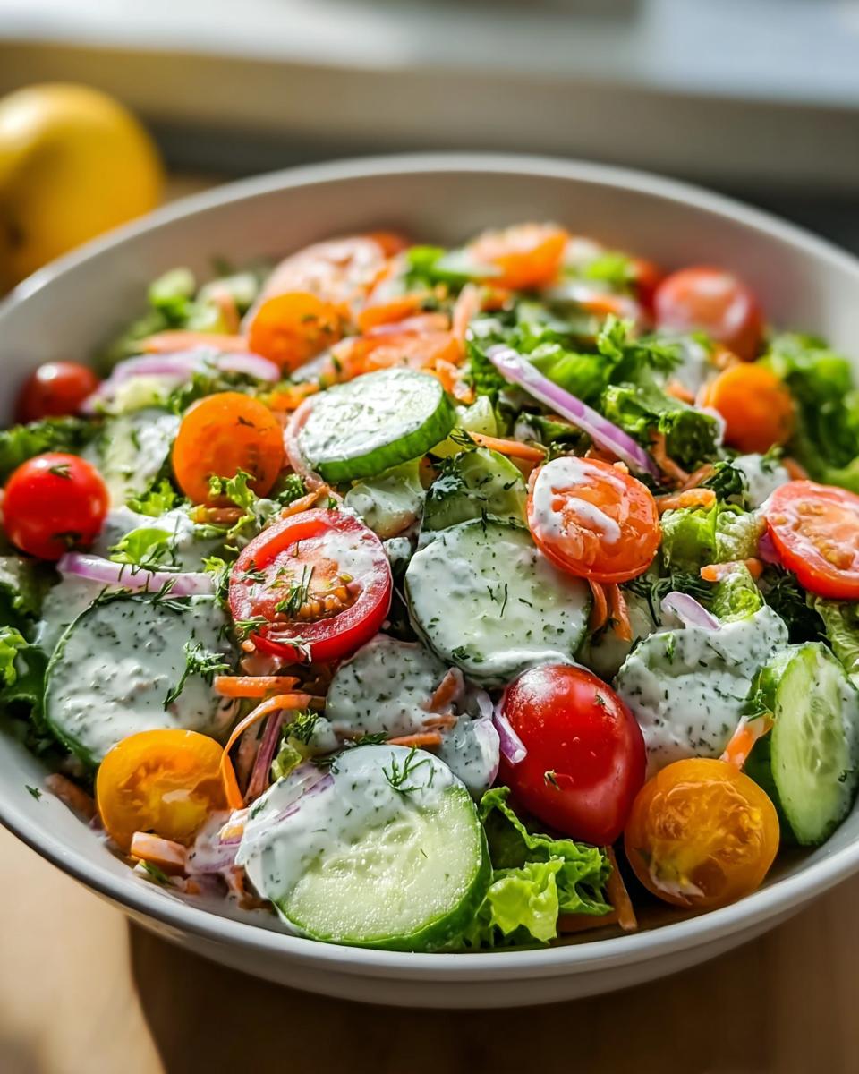 Nahaufnahme eines Bunter Crunch-Salat mit Joghurtdressing, belegt mit Gurkenscheiben, Kirschtomaten und cremiger Soße.