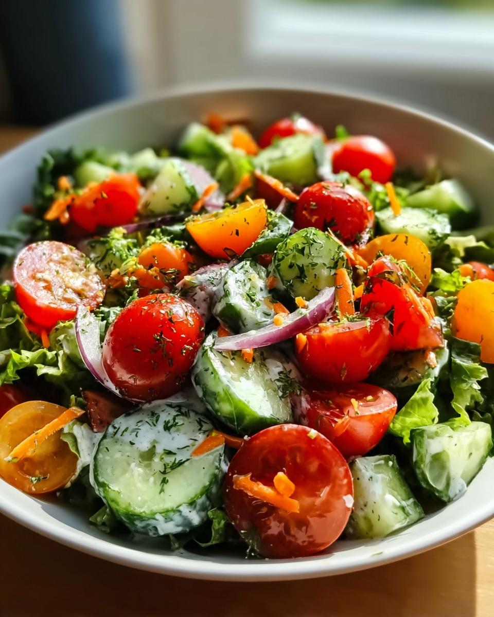 Nahaufnahme eines Bunter Crunch-Salat mit Joghurtdressing mit Kirschtomaten, Gurken und roten Zwiebeln.