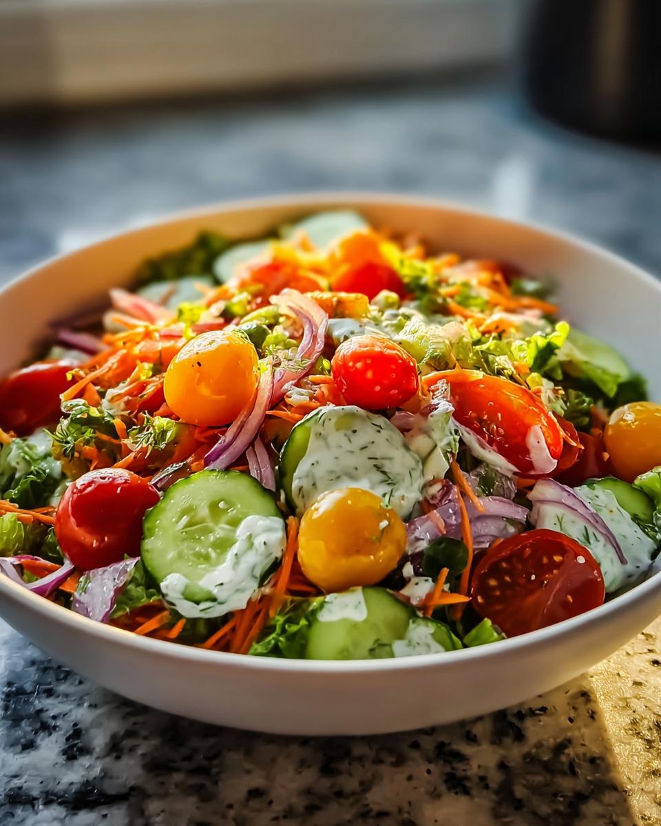 Nahaufnahme eines bunten Salats mit Gurkenscheiben, Kirschtomaten und Joghurtdressing: Bunter Crunch-Salat mit Joghurtdressing.
