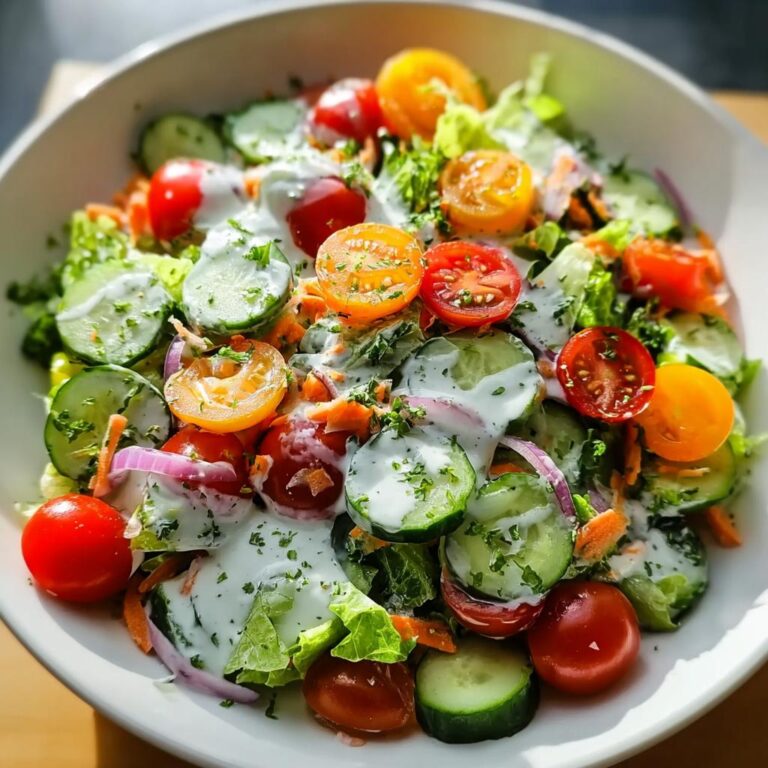 Nahaufnahme eines Bunter Crunch-Salat mit Joghurtdressing, gefüllt mit Gurkenscheiben, Kirschtomaten und roter Zwiebel.