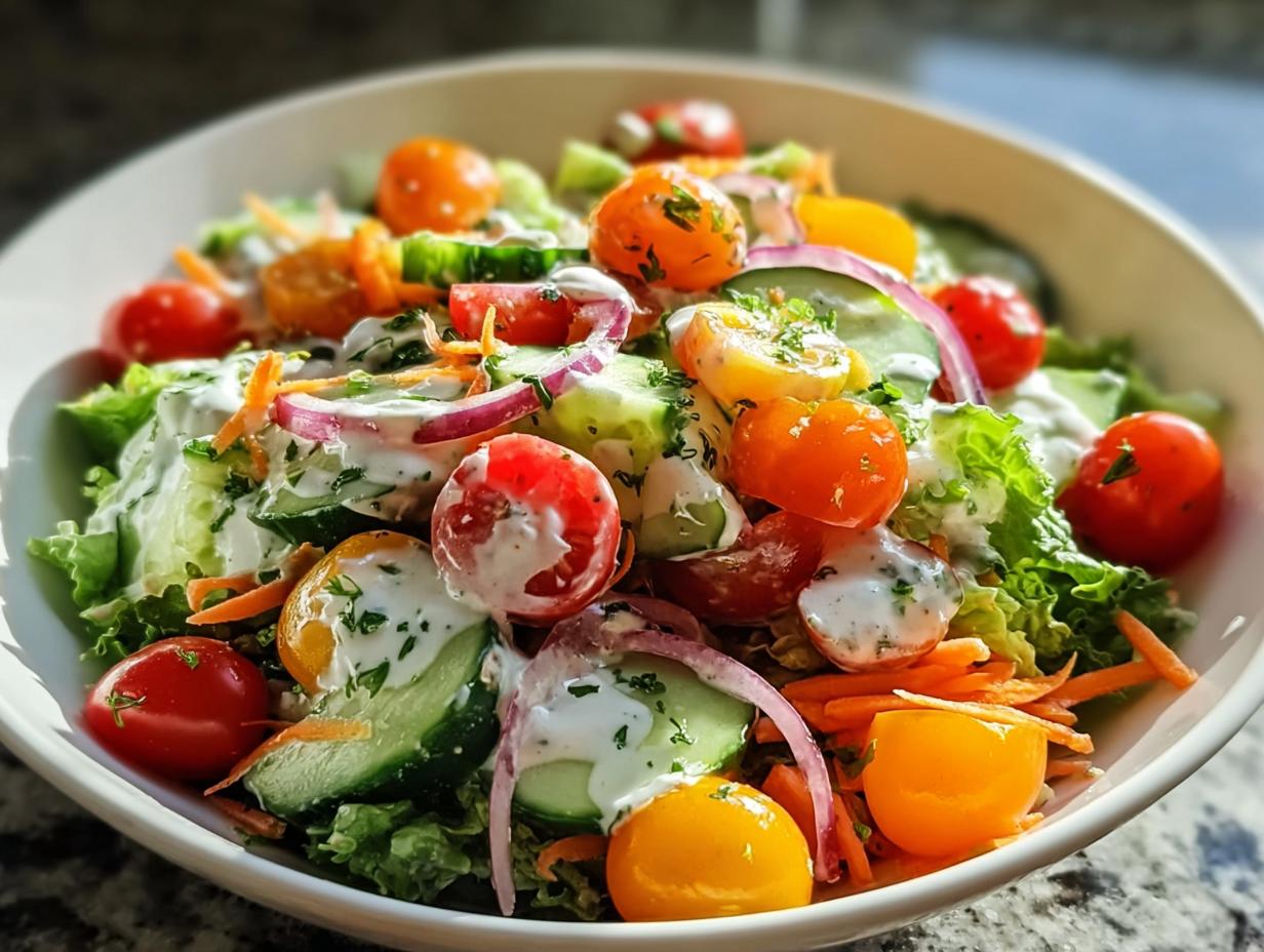 Nahaufnahme eines Bunter Crunch-Salat mit Joghurtdressing, gefüllt mit bunten Kirschtomaten, Gurken und roten Zwiebelringen.