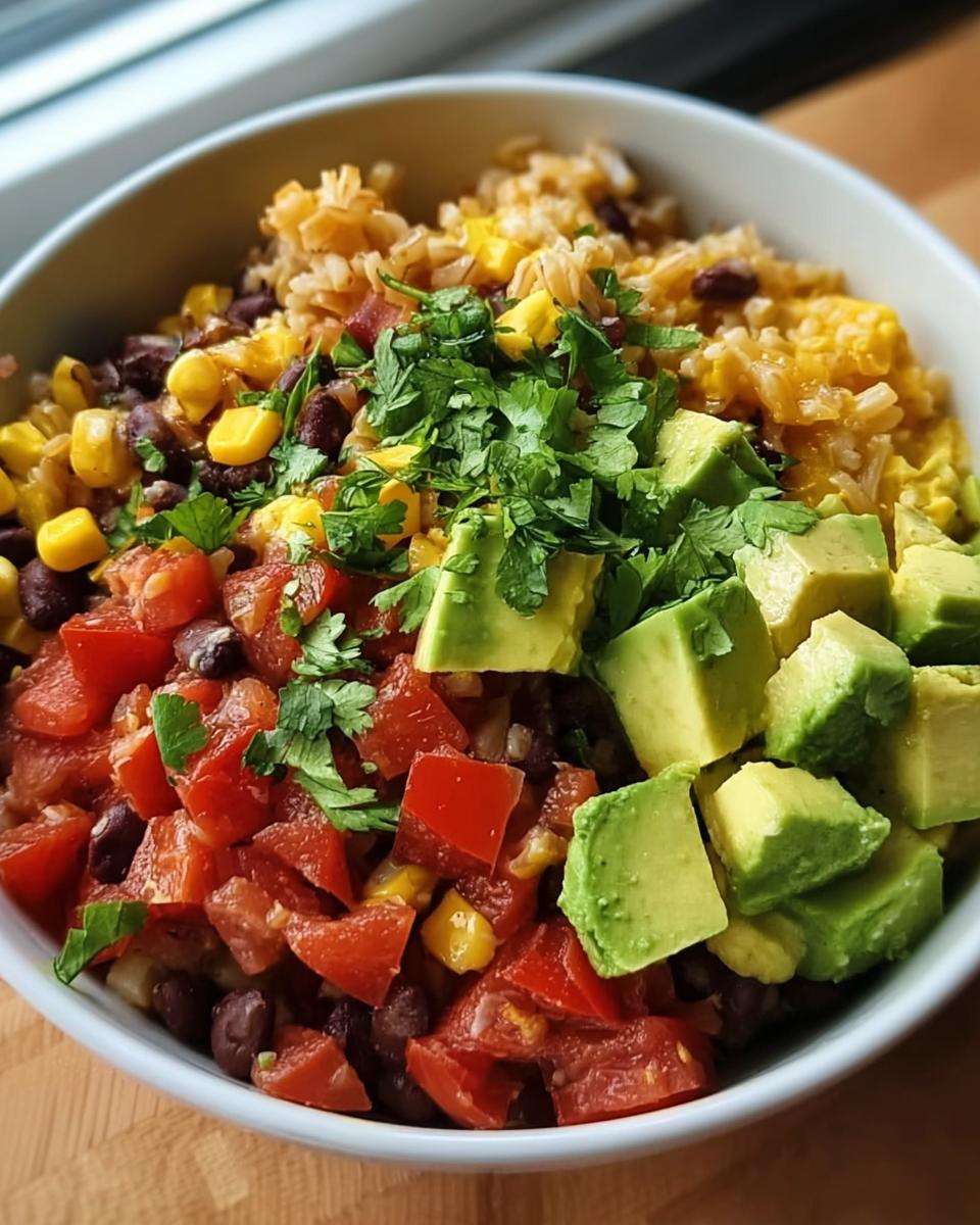 Nahaufnahme einer fertigen Burrito-Bowl mit Reis, Bohnen, gewürfelten Tomaten, Avocado und Koriander.