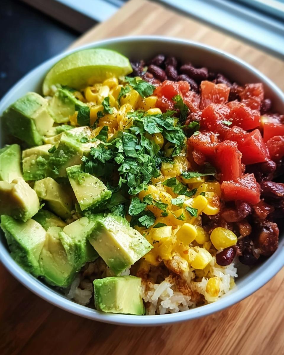 Nahaufnahme einer fertigen Burrito-Bowl mit Reis, schwarzen Bohnen, Mais, gewürfeltem Avocado und Limette.