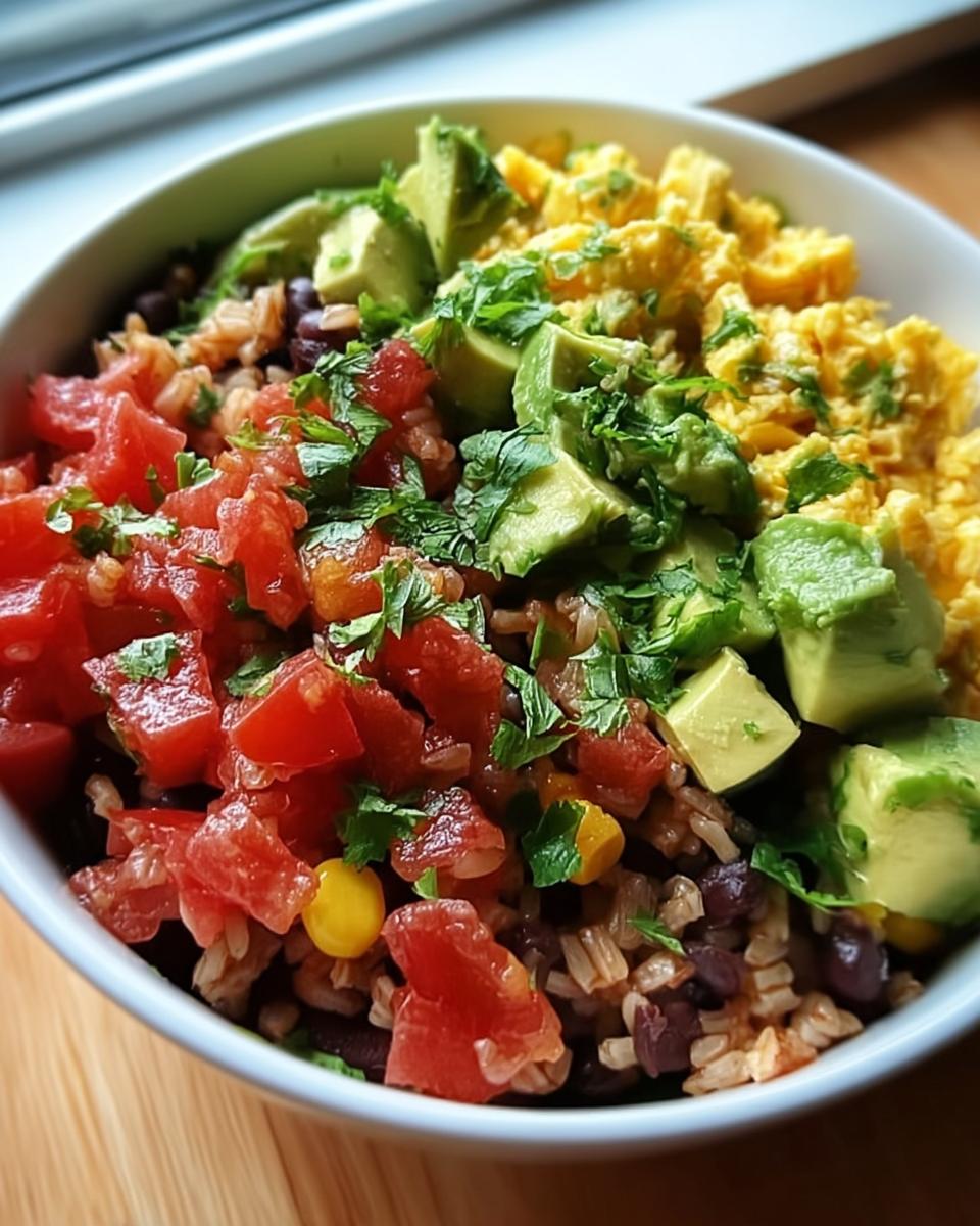Nahaufnahme einer Schüssel mit Burrito-Bowl mit Reis, Bohnen & Avocado, Tomatenwürfeln und Rührei.