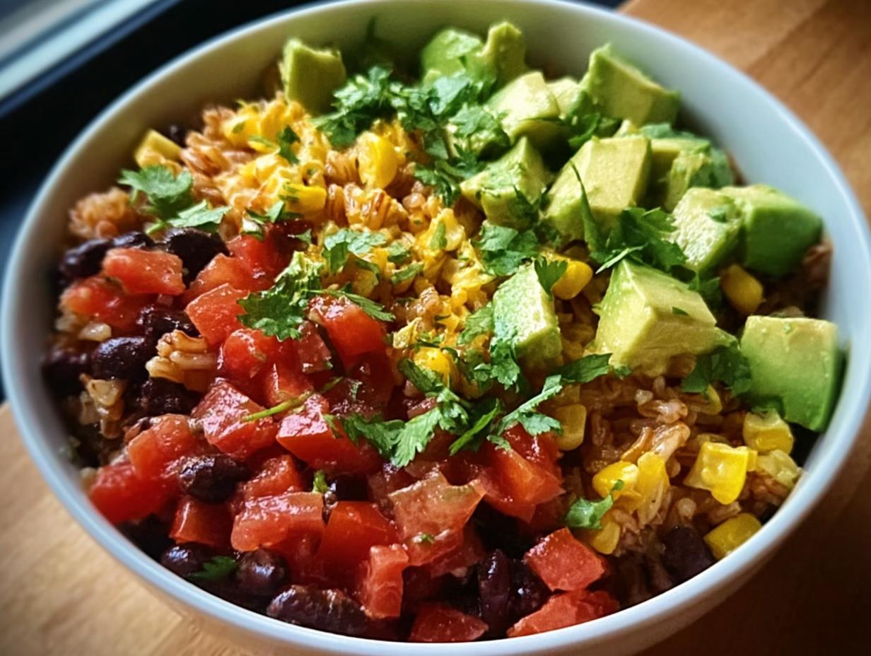 Nahaufnahme einer fertigen Burrito-Bowl mit Reis, schwarzen Bohnen, gewürfelten Tomaten, Mais, Avocado und Koriander.
