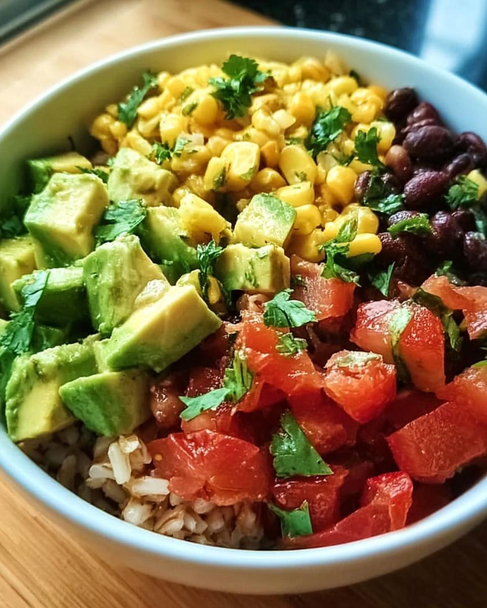 Nahaufnahme einer farbenfrohen Burrito-Bowl mit Reis, Bohnen, Avocado, Mais und Tomaten.