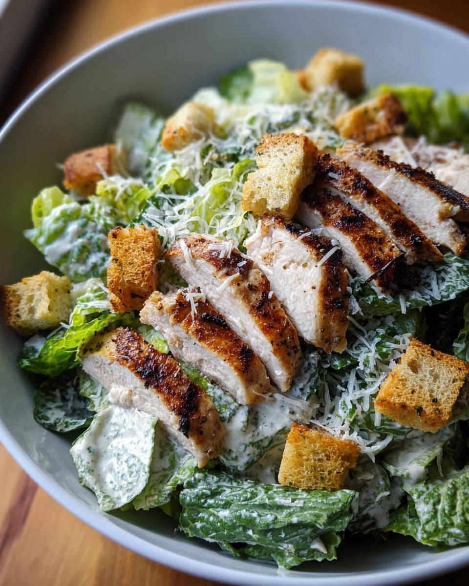 Nahaufnahme eines Caesar Salad mit Hähnchen, bedeckt mit cremiger Soße, Croutons und geriebenem Parmesan.
