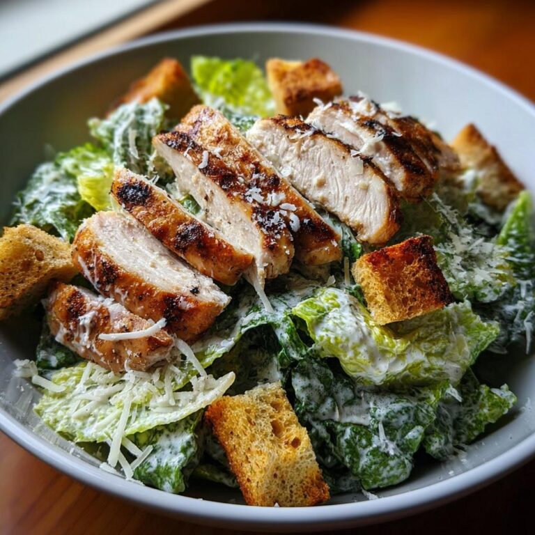 Nahaufnahme eines Caesar Salad mit Hähnchen, bedeckt mit cremiger Soße, Parmesan und Croutons.