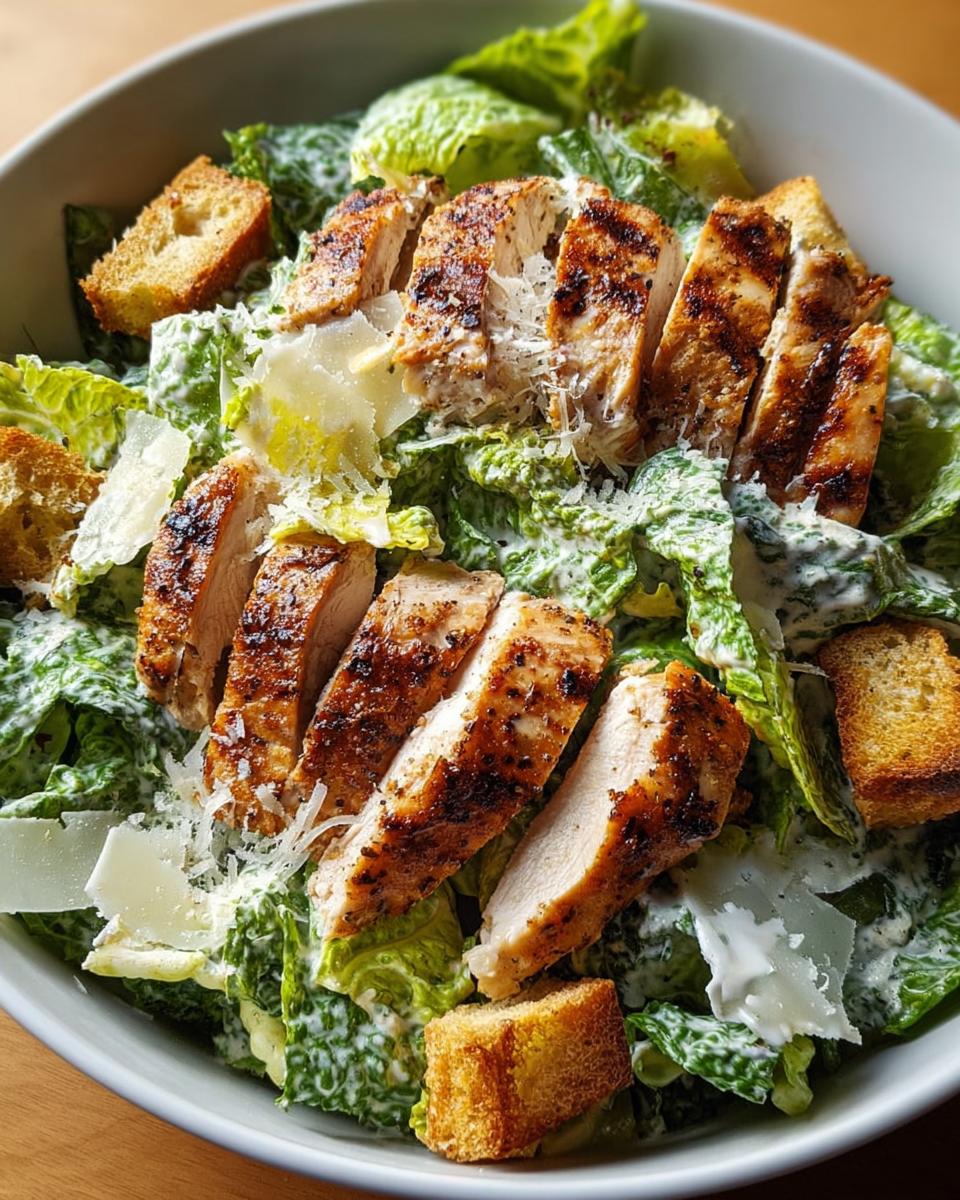 Nahaufnahme eines Caesar Salad mit Hähnchen, belegt mit gegrillten Hähnchenstreifen, Croutons und Parmesan.