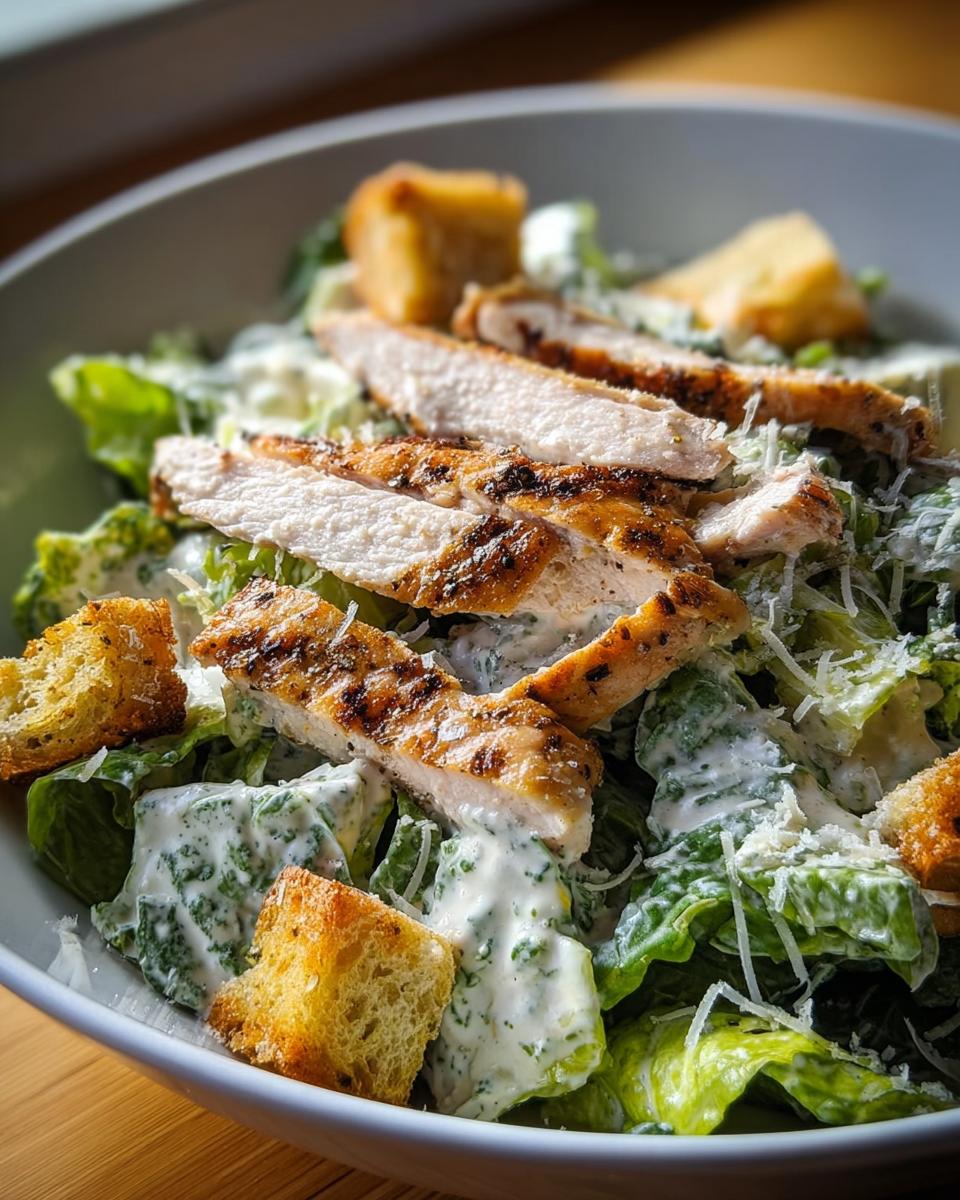 Nahaufnahme eines Caesar Salad mit Hähnchen, bedeckt mit cremiger Soße, Croutons und Parmesan.