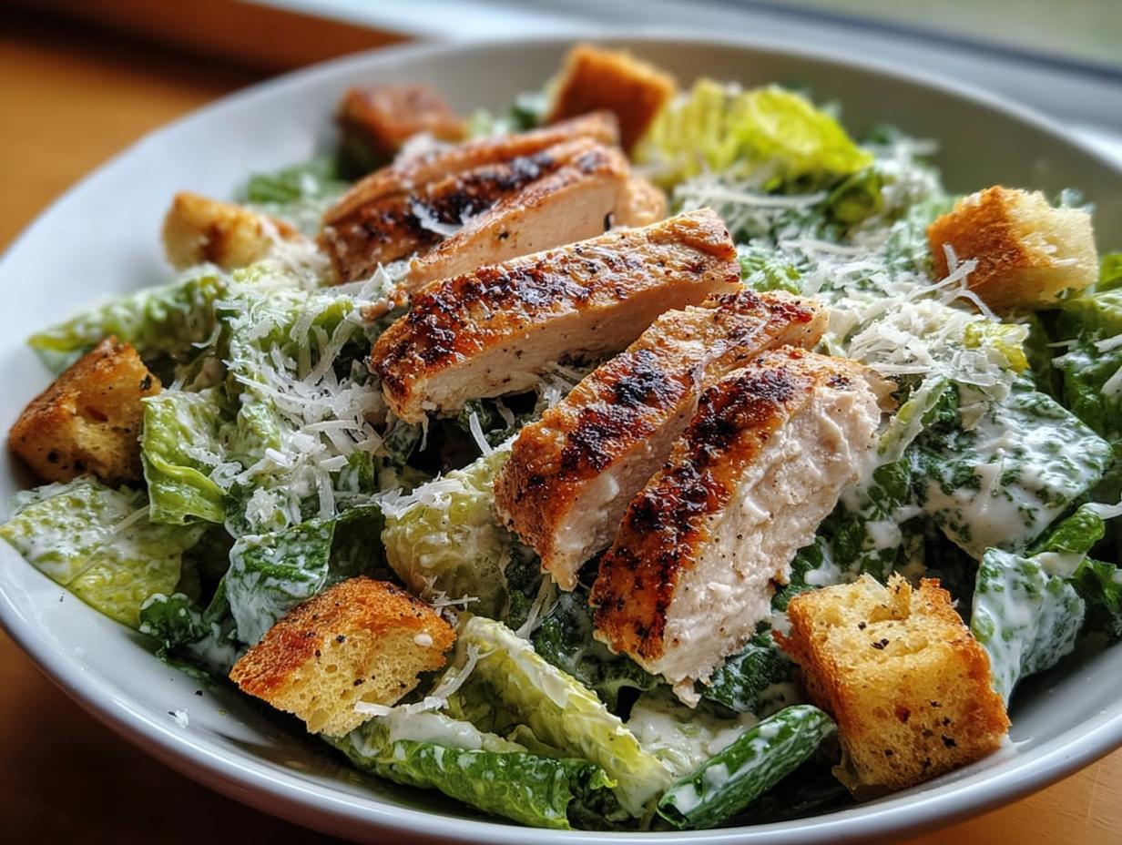 Nahaufnahme eines Caesar Salad mit Hähnchen, bedeckt mit cremiger Sauce, Parmesan und Croutons.