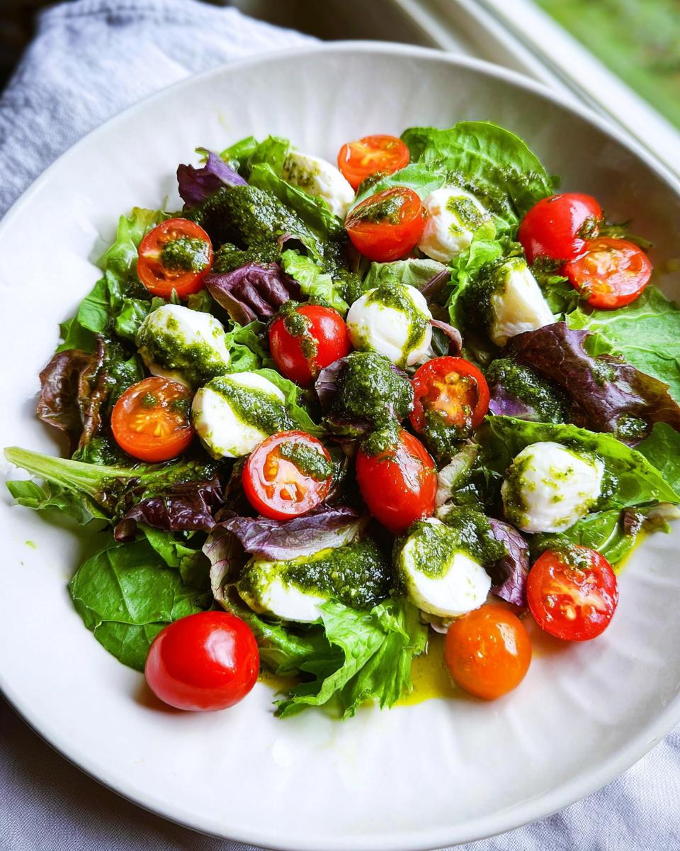 Nahaufnahme eines Caprese-Salat mit Pesto-Dressing, bestehend aus Kirschtomaten, Mozzarella-Kugeln und Blattsalaten.