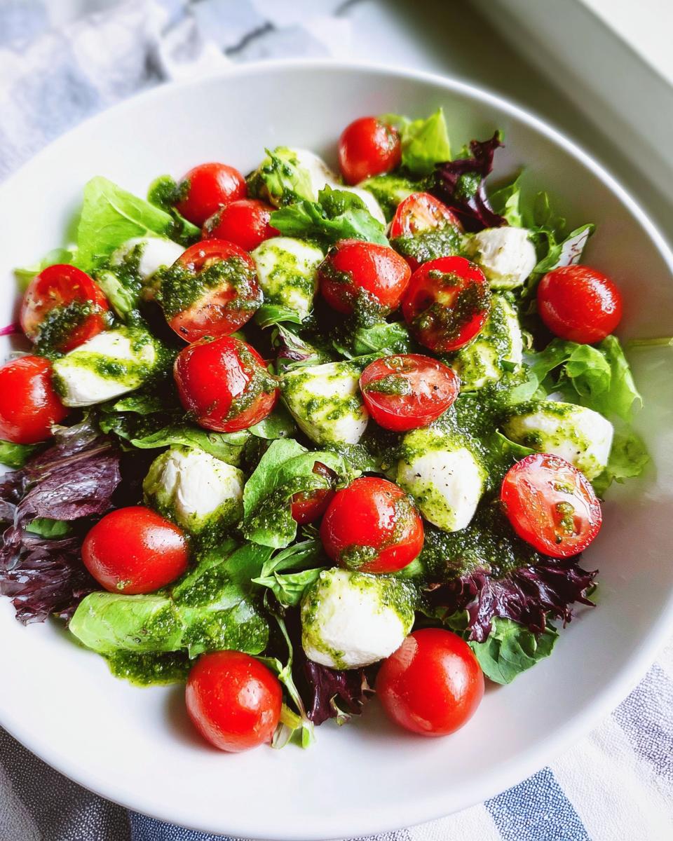 Nahaufnahme eines Caprese-Salat mit Pesto-Dressing, bestehend aus Kirschtomaten, Mozzarella-Kugeln und Blattsalaten.