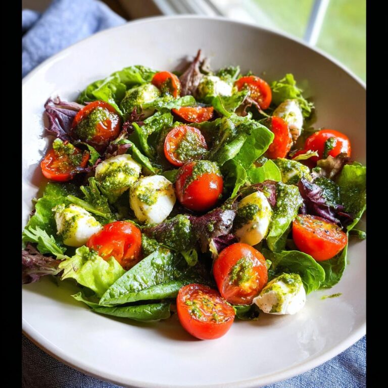 Nahaufnahme eines frischen Caprese-Salat mit Pesto-Dressing, Kirschtomaten und Mozzarella auf Blattsalaten.