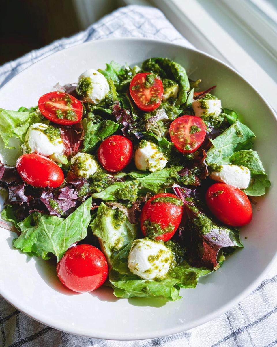Nahaufnahme eines frischen Caprese-Salat mit Pesto-Dressing, Kirschtomaten und Mozzarella-Bällchen auf gemischtem Salat.
