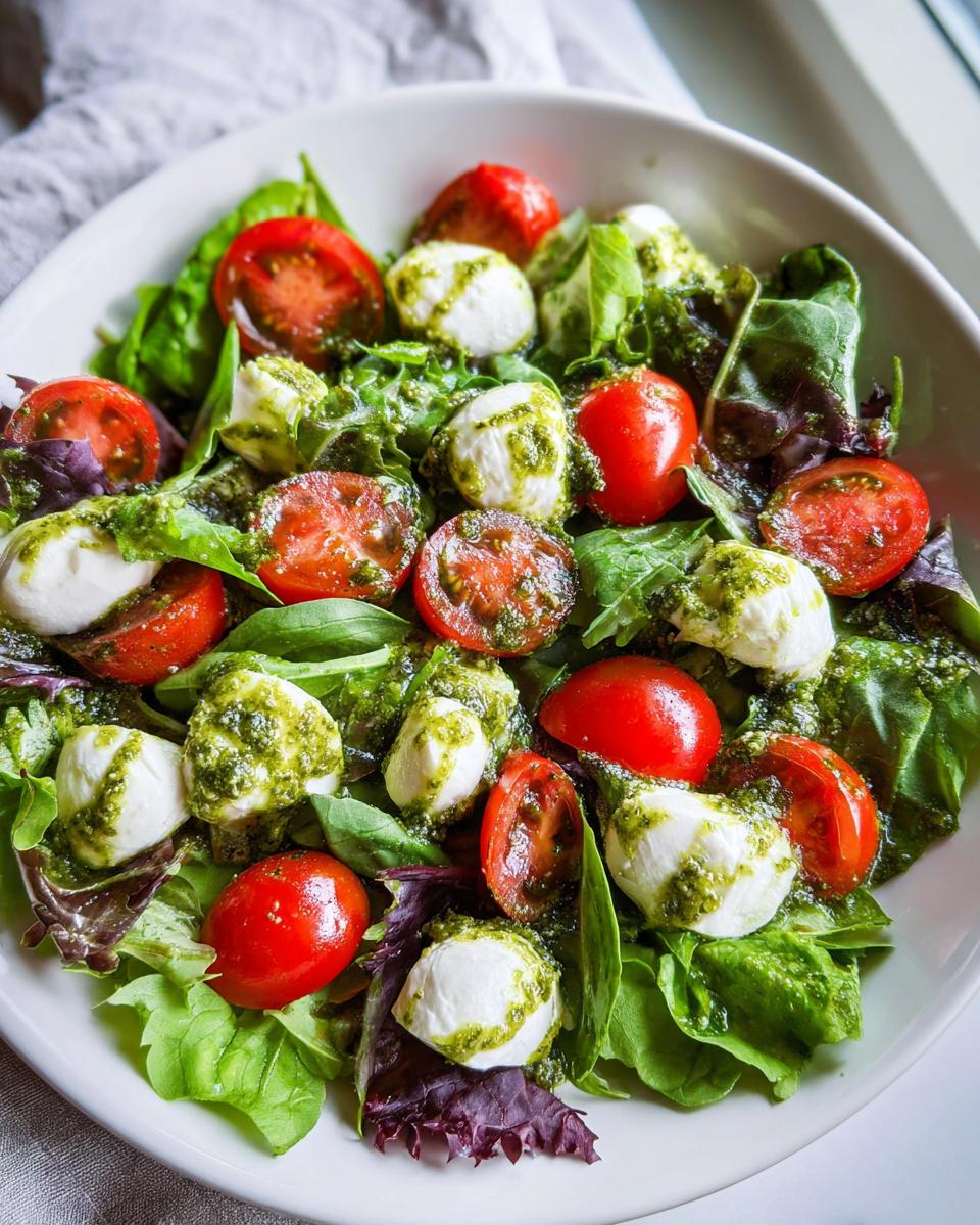 Nahaufnahme eines Caprese-Salat mit Pesto-Dressing, bestehend aus Kirschtomaten, Mozzarella-Kugeln und grünem Salat.