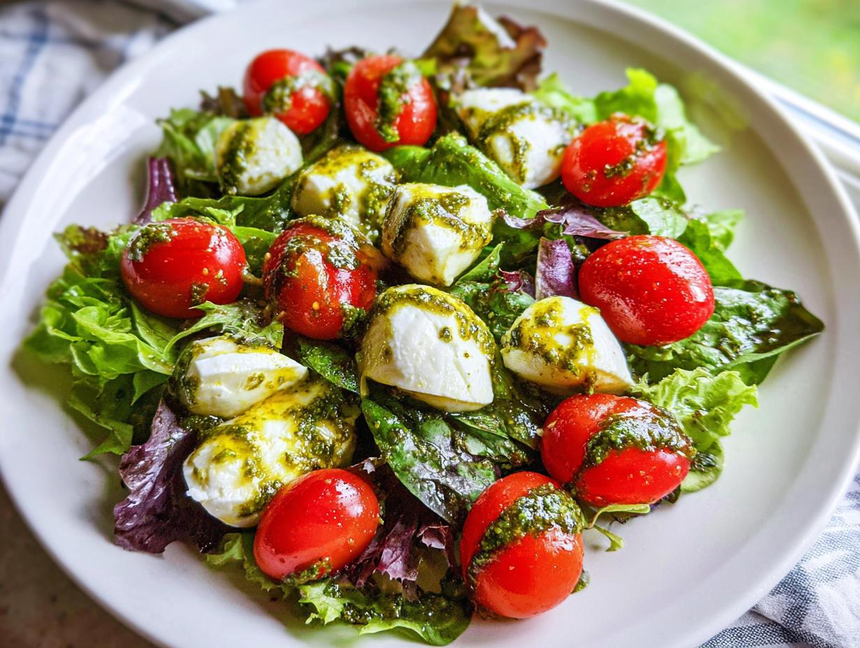 Nahaufnahme eines Caprese-Salat mit Pesto-Dressing, bestehend aus Mozzarella-Kugeln, Kirschtomaten und grünem Salat.