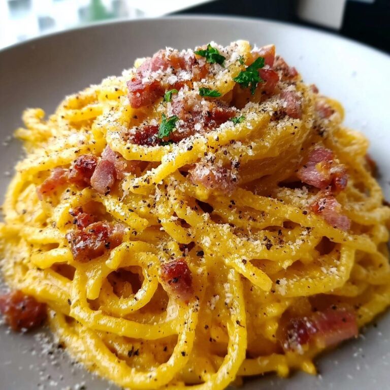Nahaufnahme von cremiger Carbonara wie beim Italiener, garniert mit Speckwürfeln und Parmesan.
