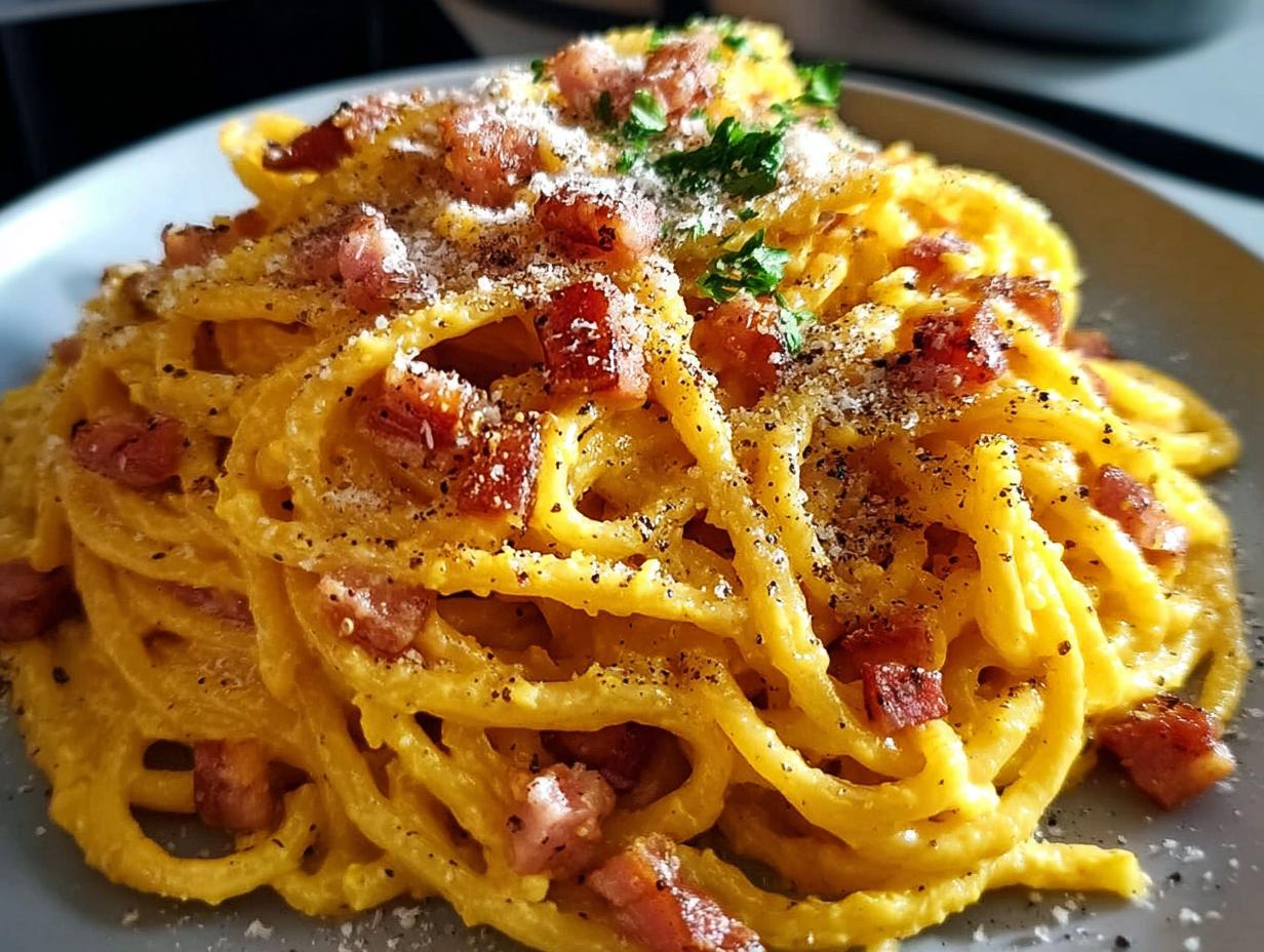 Nahaufnahme von cremigem Spaghetti Carbonara wie beim Italiener, garniert mit Speckwürfeln und schwarzem Pfeffer.