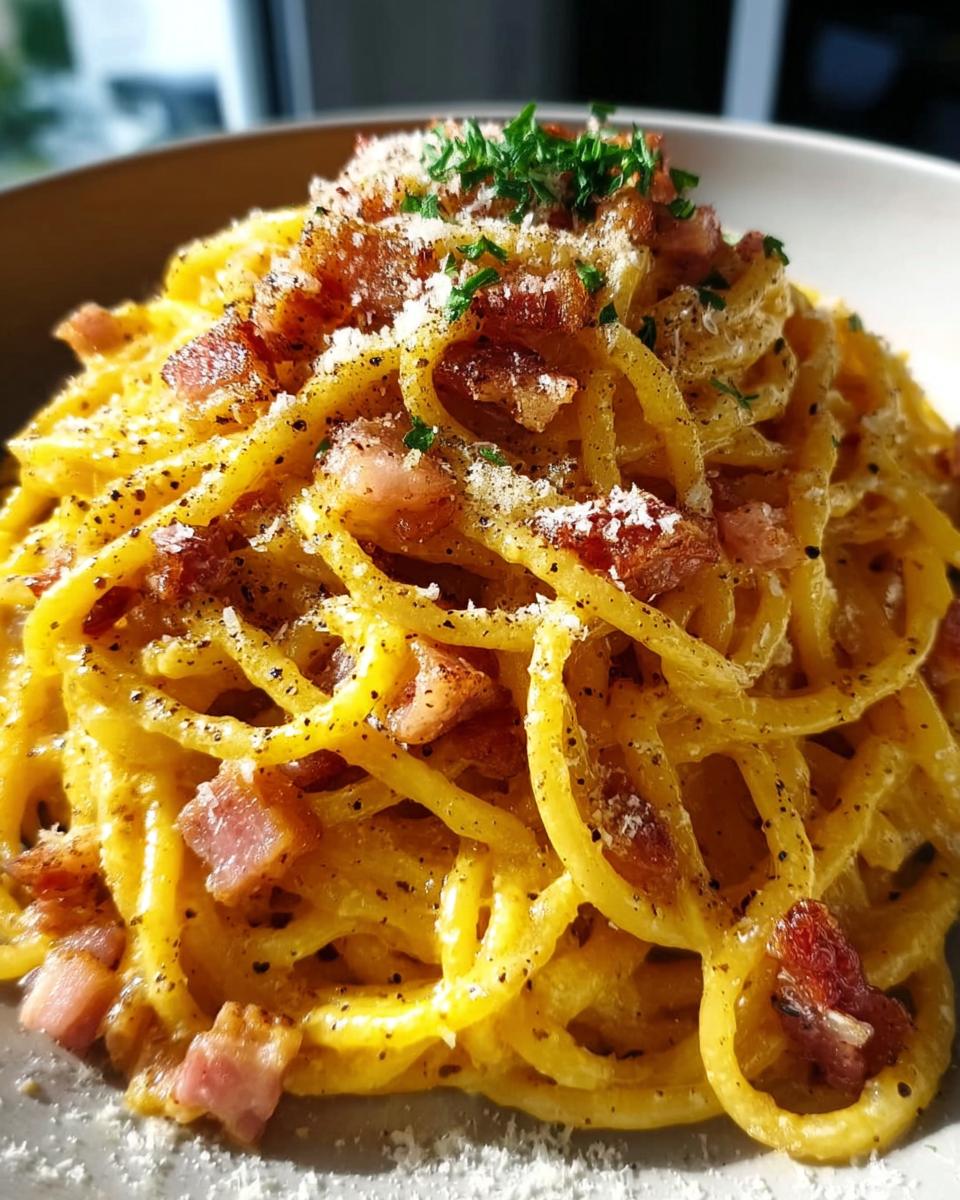Nahaufnahme einer cremigen Portion Spaghetti Carbonara wie beim Italiener, garniert mit Guanciale, Parmesan und schwarzem Pfeffer.