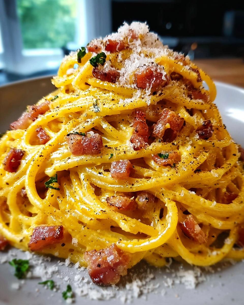 Nahaufnahme von Spaghetti Carbonara wie beim Italiener, cremig und garniert mit knusprigem Speck und Parmesan.