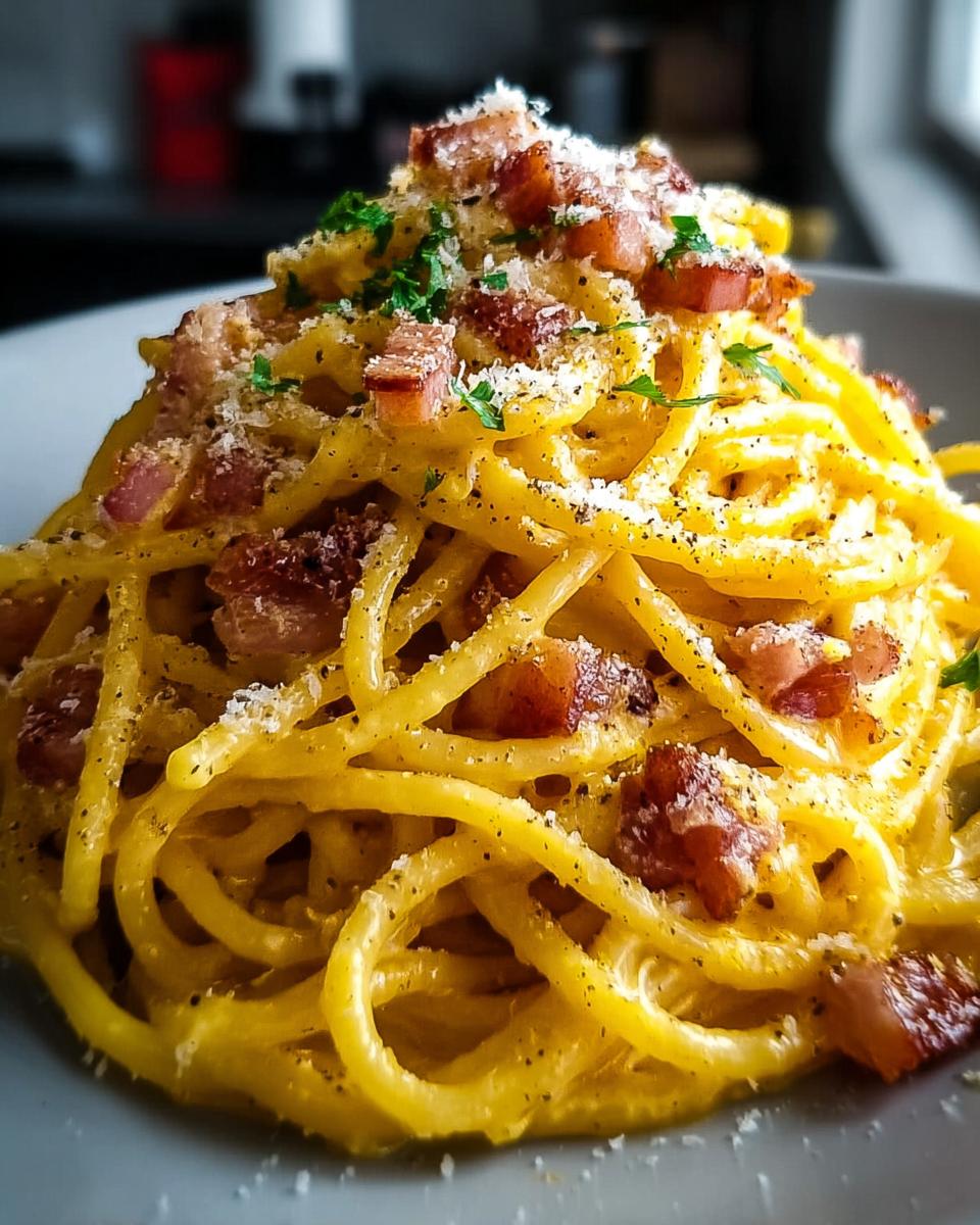 Nahaufnahme von cremiger Spaghetti Carbonara wie beim Italiener, garniert mit knusprigem Speck und Parmesan.