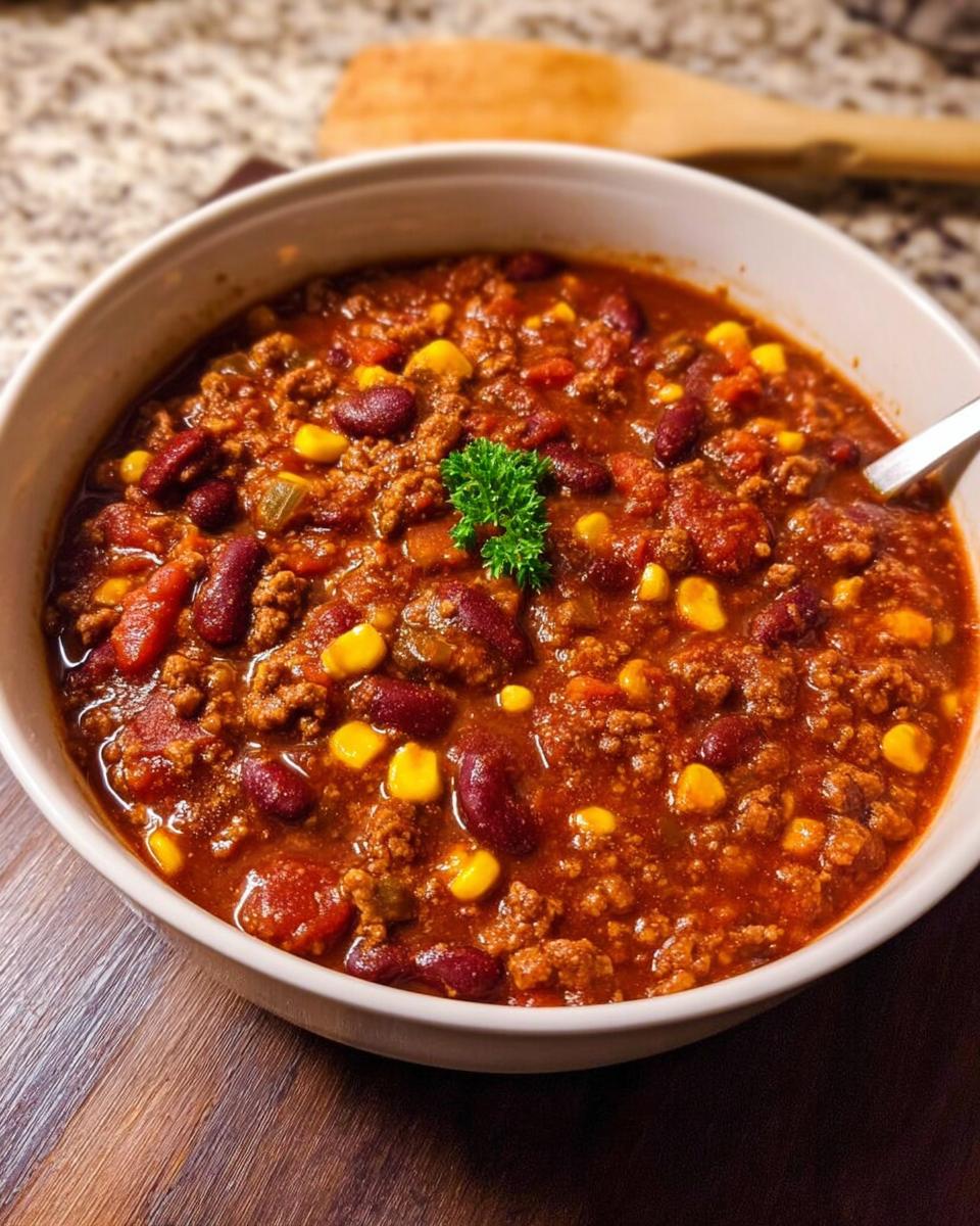 Eine Schüssel mit reichhaltigem Chili con Carne nach Hausart, gefüllt mit Hackfleisch, Kidneybohnen und Mais, garniert mit Petersilie.