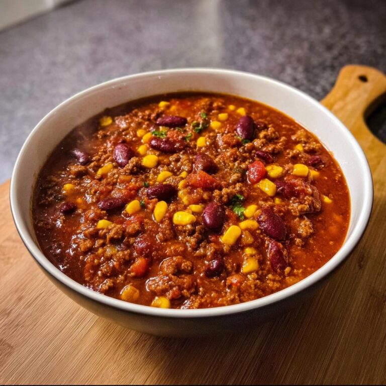 Eine Schüssel dampfendes Chili con Carne nach Hausart mit Hackfleisch, Kidneybohnen und Mais.