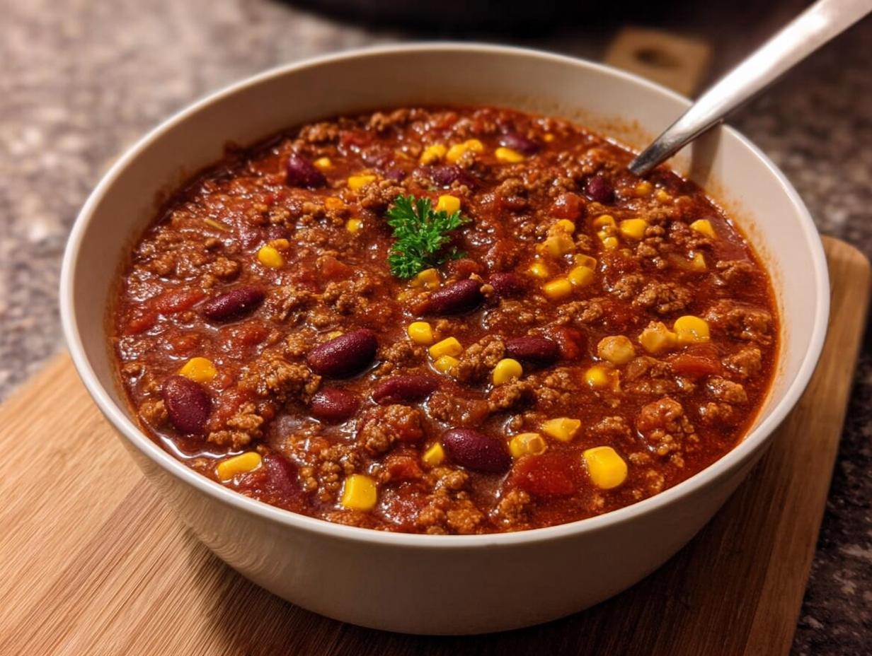 Eine große weiße Schüssel gefüllt mit herzhaftem Chili con Carne nach Hausart, garniert mit Petersilie.