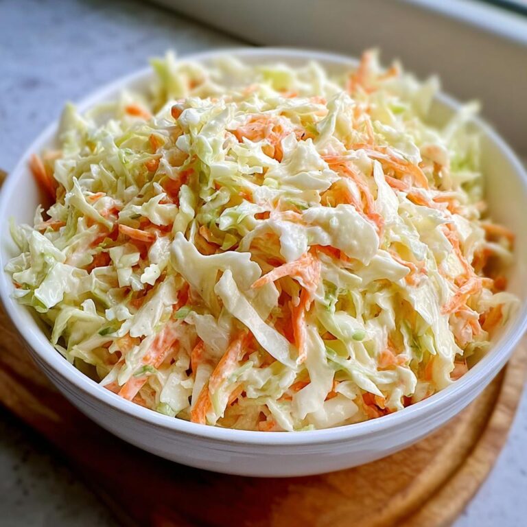 Nahaufnahme von cremigem Coleslaw wie im Diner, gemischt mit geraspelten Karotten in einer weißen Schüssel.