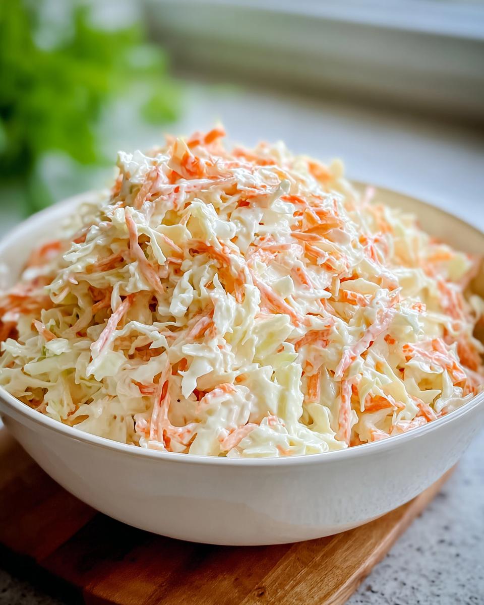 Große Schüssel mit cremigem Coleslaw wie im Diner, bestehend aus geraspeltem Weißkohl und Karotten in Mayonnaise-Dressing.