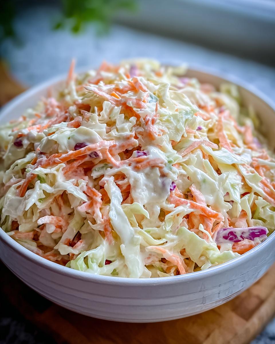 Nahaufnahme von cremigem Coleslaw wie im Diner, gemischt mit geraspeltem Kohl und Karotten in einer weißen Schüssel.