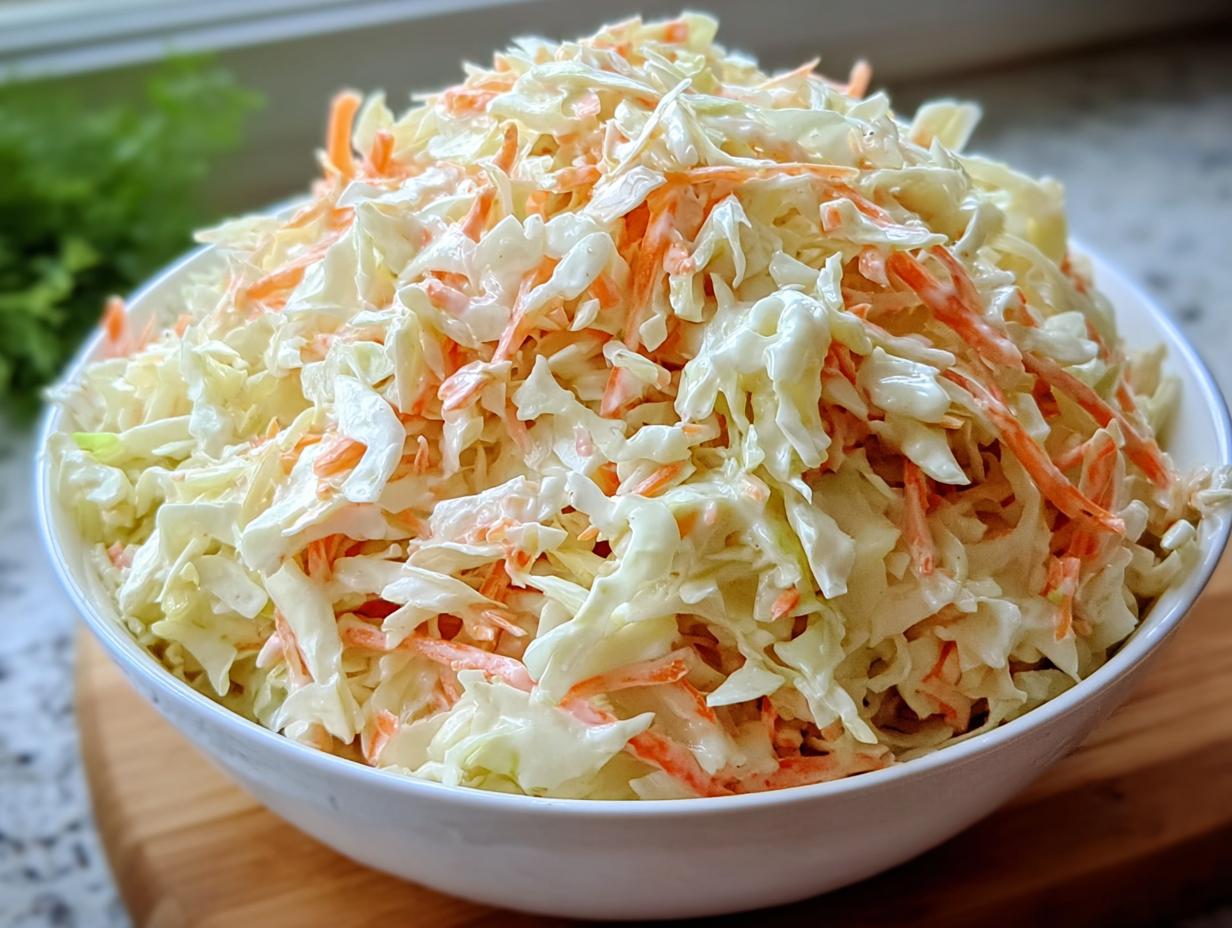 Nahaufnahme von cremigem Coleslaw wie im Diner, bestehend aus geraspeltem Weißkohl und Karotten in einer weißen Schüssel.