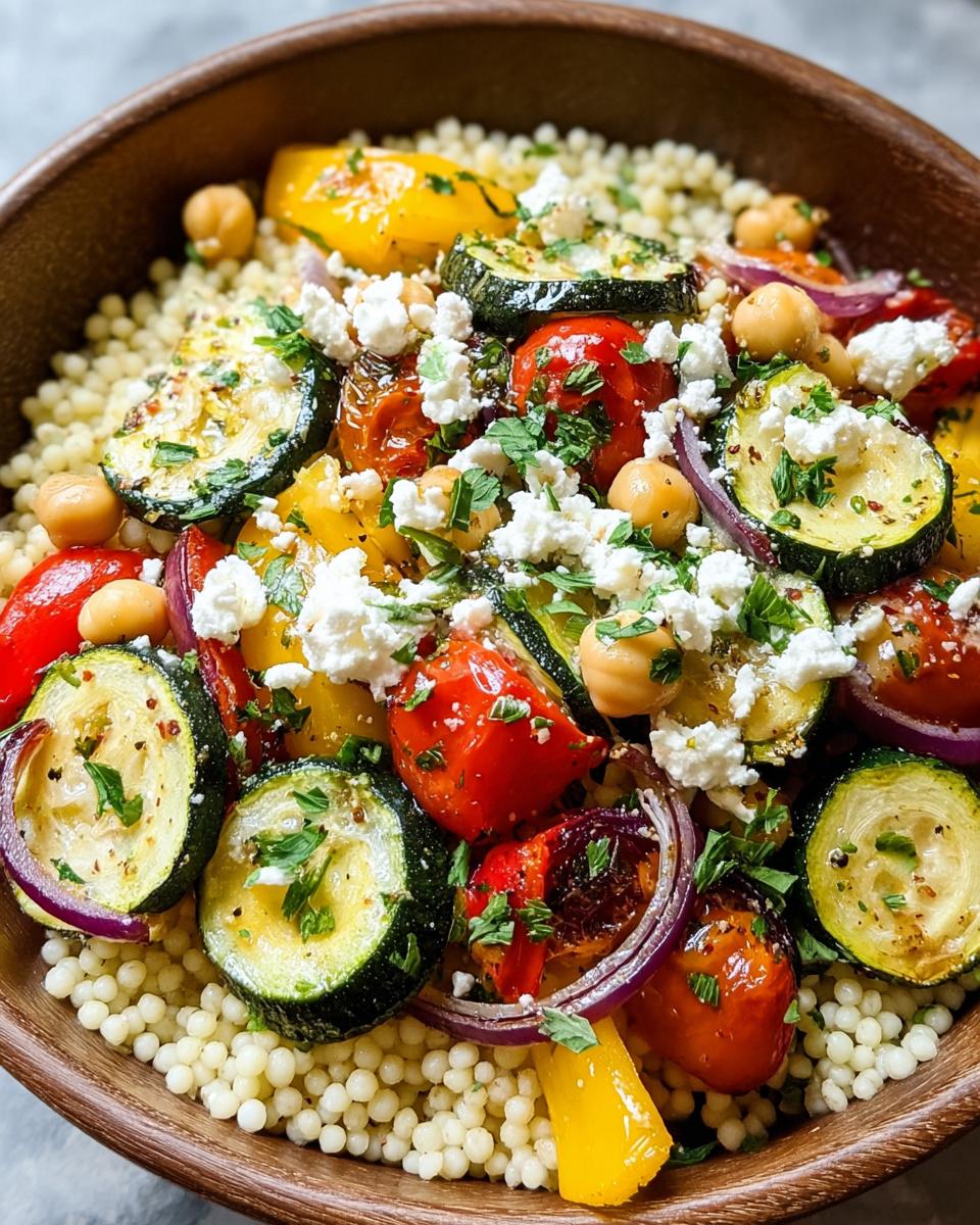 Nahaufnahme einer fertigen Couscous-Bowl mit Kichererbsen & Gemüse, belegt mit gegrillten Zucchini, Paprika, roten Zwiebeln und Feta.