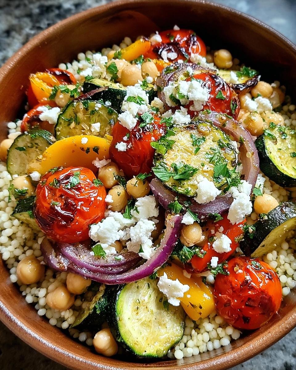 Nahaufnahme einer fertigen Couscous-Bowl mit Kichererbsen & Gemüse, belegt mit gegrilltem Gemüse und Feta.