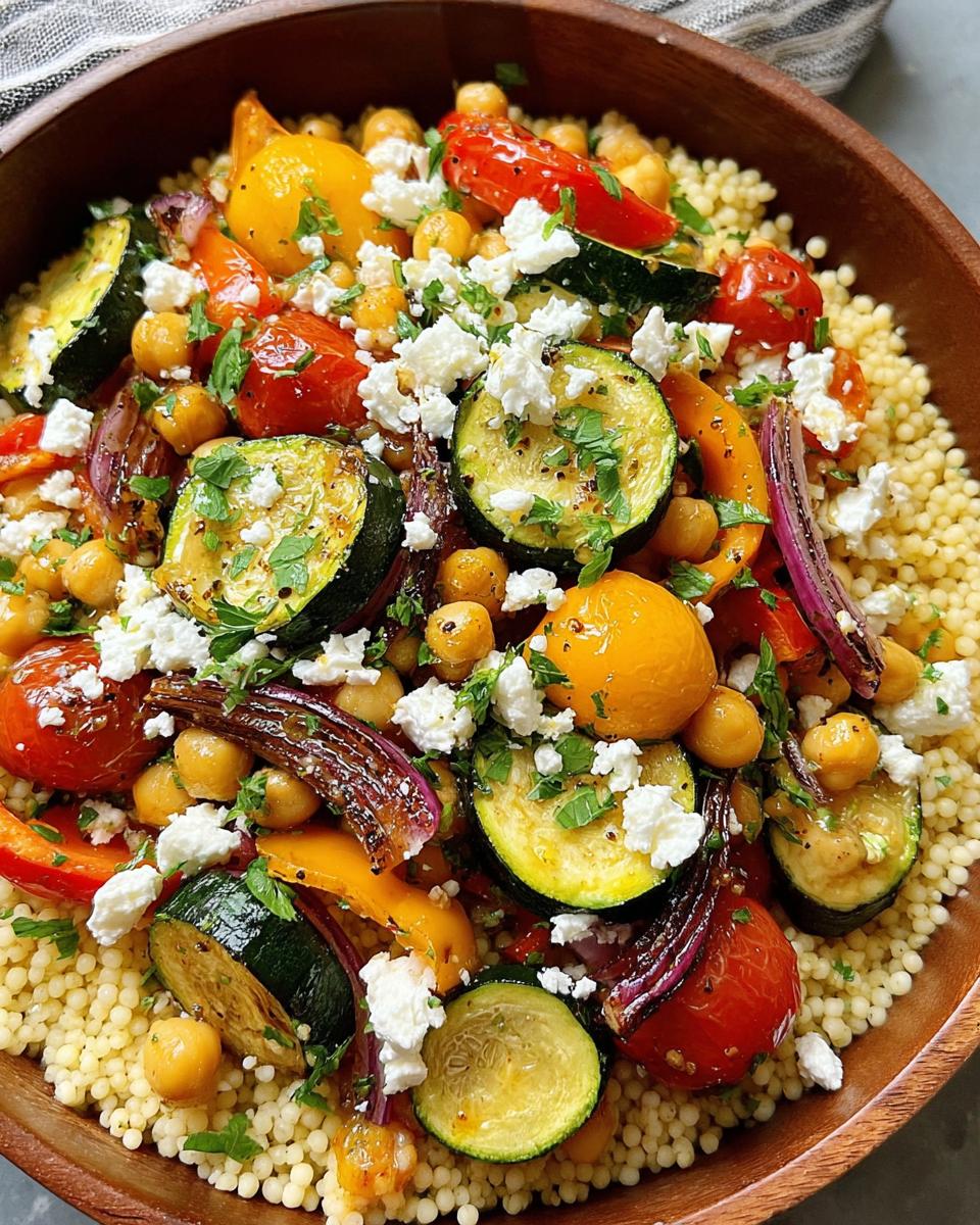Nahaufnahme einer leckeren Couscous-Bowl mit Kichererbsen & Gemüse, Feta und gegrillten Zucchini.