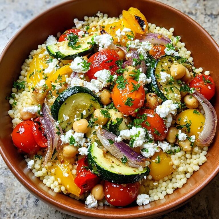 Nahaufnahme einer leckeren Couscous-Bowl mit Kichererbsen & Gemüse, Feta und gerösteten Tomaten.